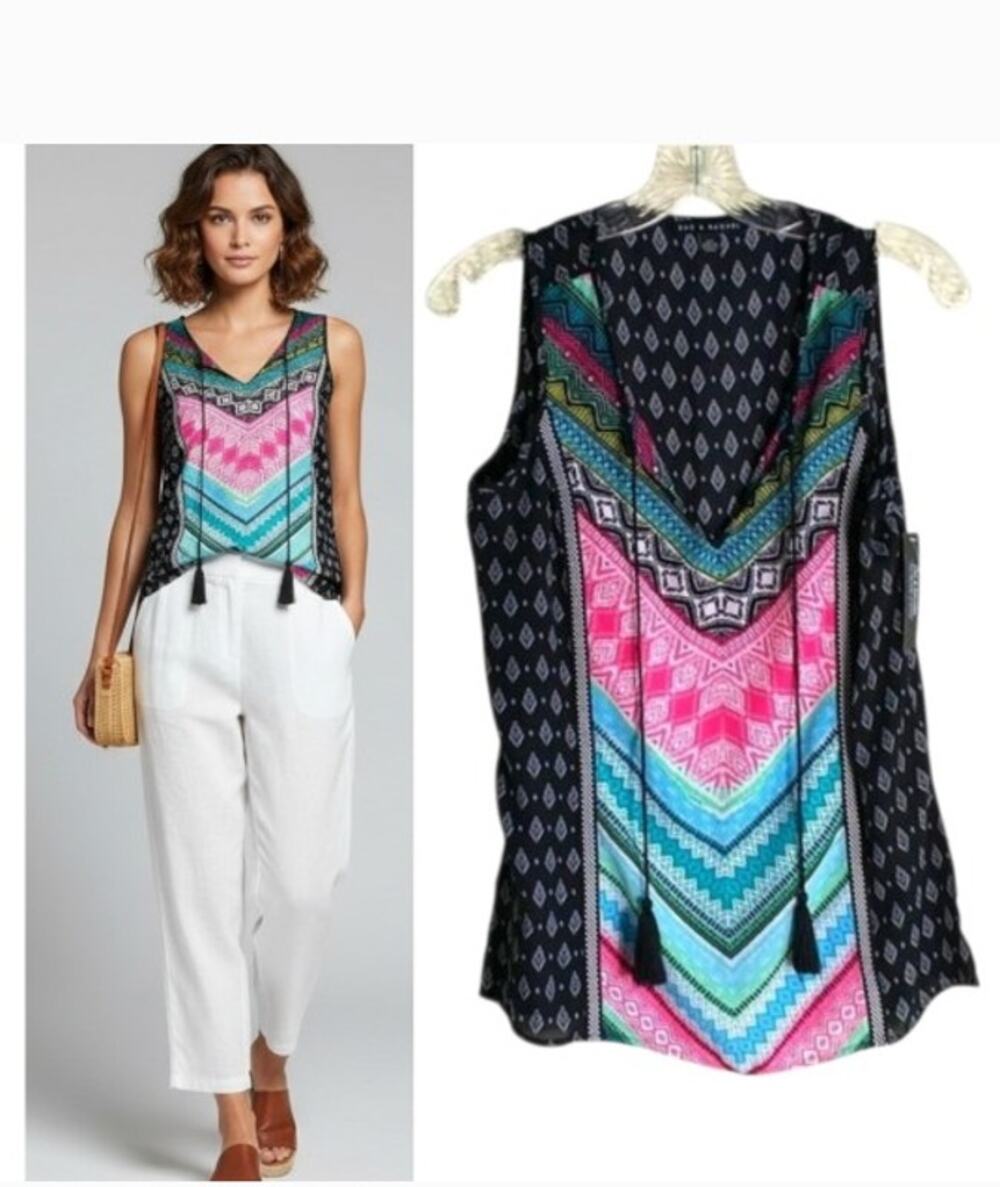 Zac & Rachel Boho Sleeveless Popover Top Women's Sz S Multicolor Tassel Ties NWT